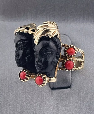 Vintage 14k Yellow Gold Blackamoors Ring Coral Red 9.2 Grams
