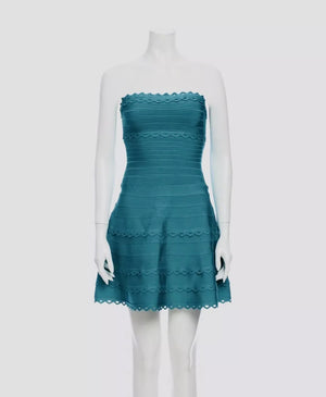 HERVE LEGER Beautiful Emerald Strapless Bandage A-Line Scallop Mini Dress