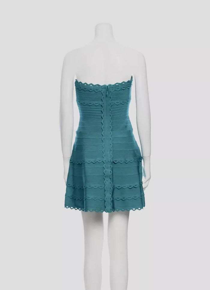 HERVE LEGER Beautiful Emerald Strapless Bandage A-Line Scallop Mini Dress