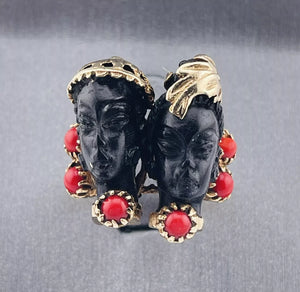 Vintage 14k Yellow Gold Blackamoors Ring Coral Red 9.2 Grams