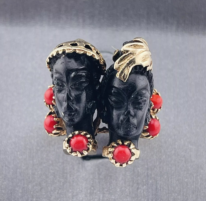 Vintage 14k Yellow Gold Blackamoors Ring Coral Red 9.2 Grams