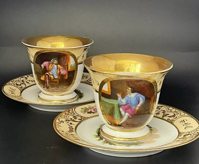 OLD PARIS Porcelain Hand Painted Monogram CHOCOLATE CUPS & SAUCER Pair 1830s