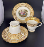 OLD PARIS Porcelain Hand Painted Monogram CHOCOLATE CUPS & SAUCER Pair 1830s