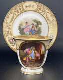 OLD PARIS Porcelain Hand Painted Monogram CHOCOLATE CUPS & SAUCER Pair 1830s