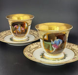 OLD PARIS Porcelain Hand Painted Monogram CHOCOLATE CUPS & SAUCER Pair 1830s
